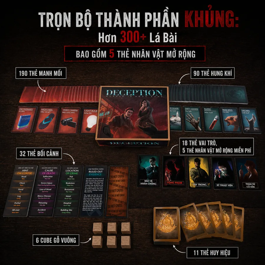 Trọn bộ thành phần: hơn 300 lá bài, 6 khối gỗ và 11 huy hiệu